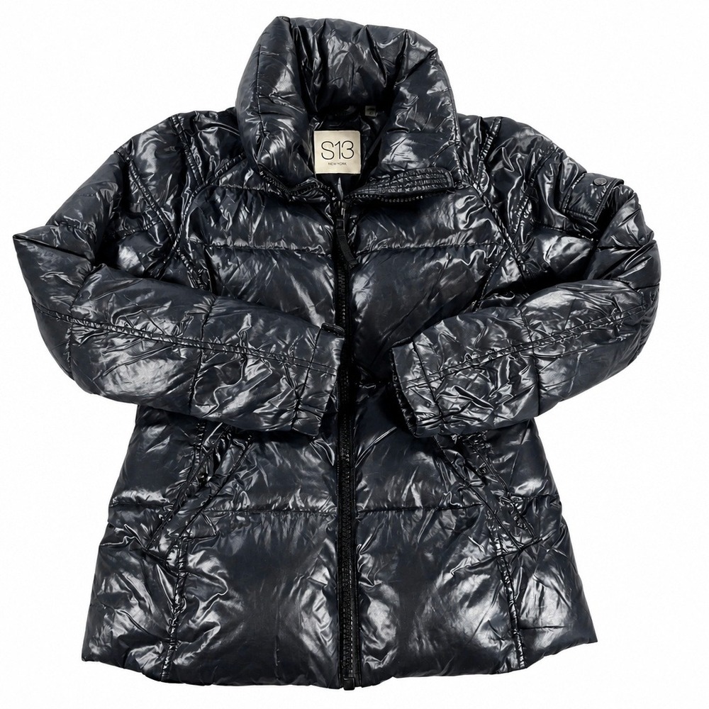 S13 New York Glossy Down Puffer Jacket Black Medium Womens Winter Coat No Hood